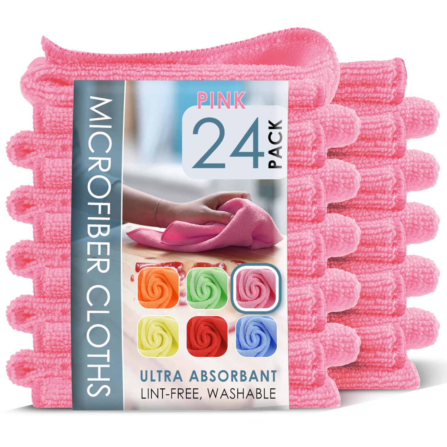 Hearth & Harbor Microfiber Cleaning Cloth, Microfiber Towels for Cars 24 Pack Washcloths, Pink Cleaning Rags, Reusable Microfiber Towel, Microfiber Cloth Rags for Cleaning, Lint Free Cloth
