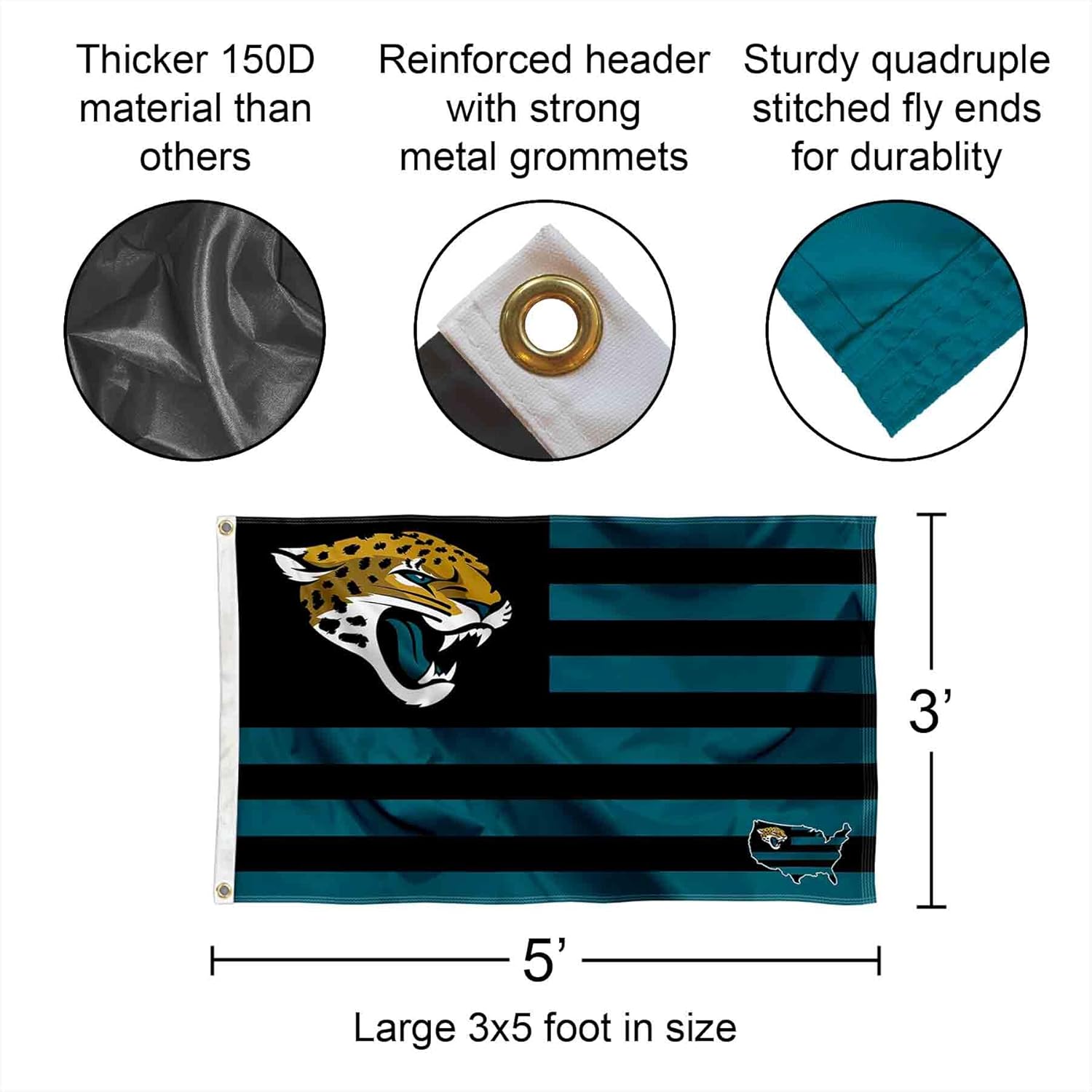 Jacksonville Jaguars USA American Nation Stripes 3x5 Grommet Flag - Image 2