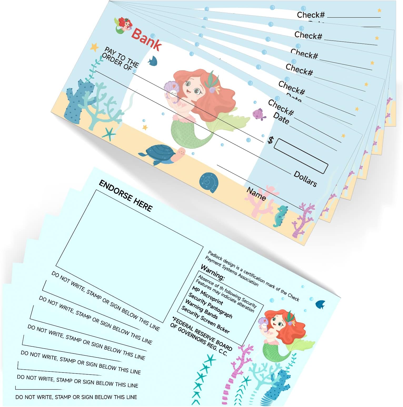 10 Packs Play Checkbooks for Kids，Fake Checkbooks for Kids Pretend Play,Play Check Educational Toy,Kids Check Registers for Personal Checkbook Play Check Set (Mermaid-1)