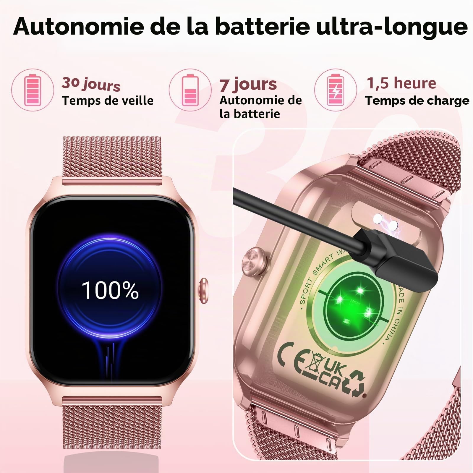 CASCHO Montre Connectée Femme avec Appel Bluetooth, 1.85" HD Smartwatch Femme avec Fréquence Cardiaque/Sommeil/SpO2, 120+ Modes Sportifs, IP68 étanche, Fitness Tracker Watch pour Android iOS-Or Rose