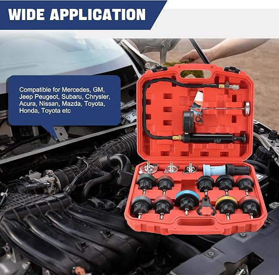 DASBET 18PCS Radiator Pressure Leakage Tester Tool Kit | Automotive Cooling System Water Tank Leak Test Detector Set with Hand Pump and Nylon Adapters