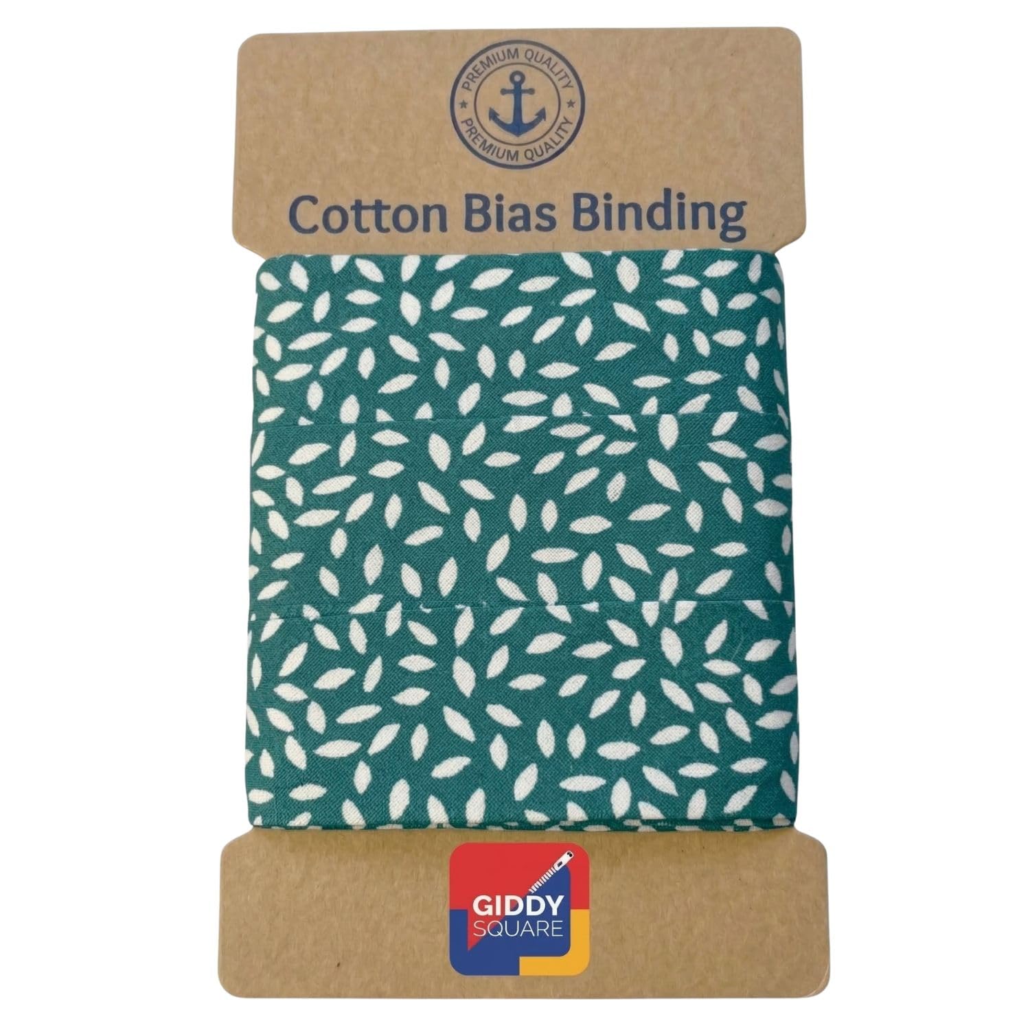 Teal 100% Cotton Bias Binding Tape with Delicate Leaf Pattern – 27mm Wide x 10m Length – Premium Soft Smooth Finish for Sewing, Quilting, Dressmaking & Crafts - Giddy Square