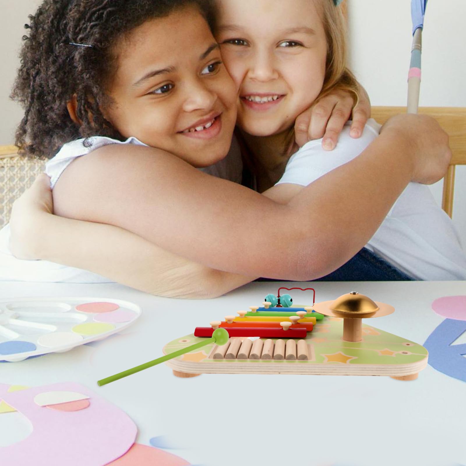 BESTonZON 1 ensemble de xylophone pour enfants - 4 instruments de musique en bois comprenant un tableau d'activités, des percussions à main et des cymbales. Jouet d'éveil sensoriel pour les