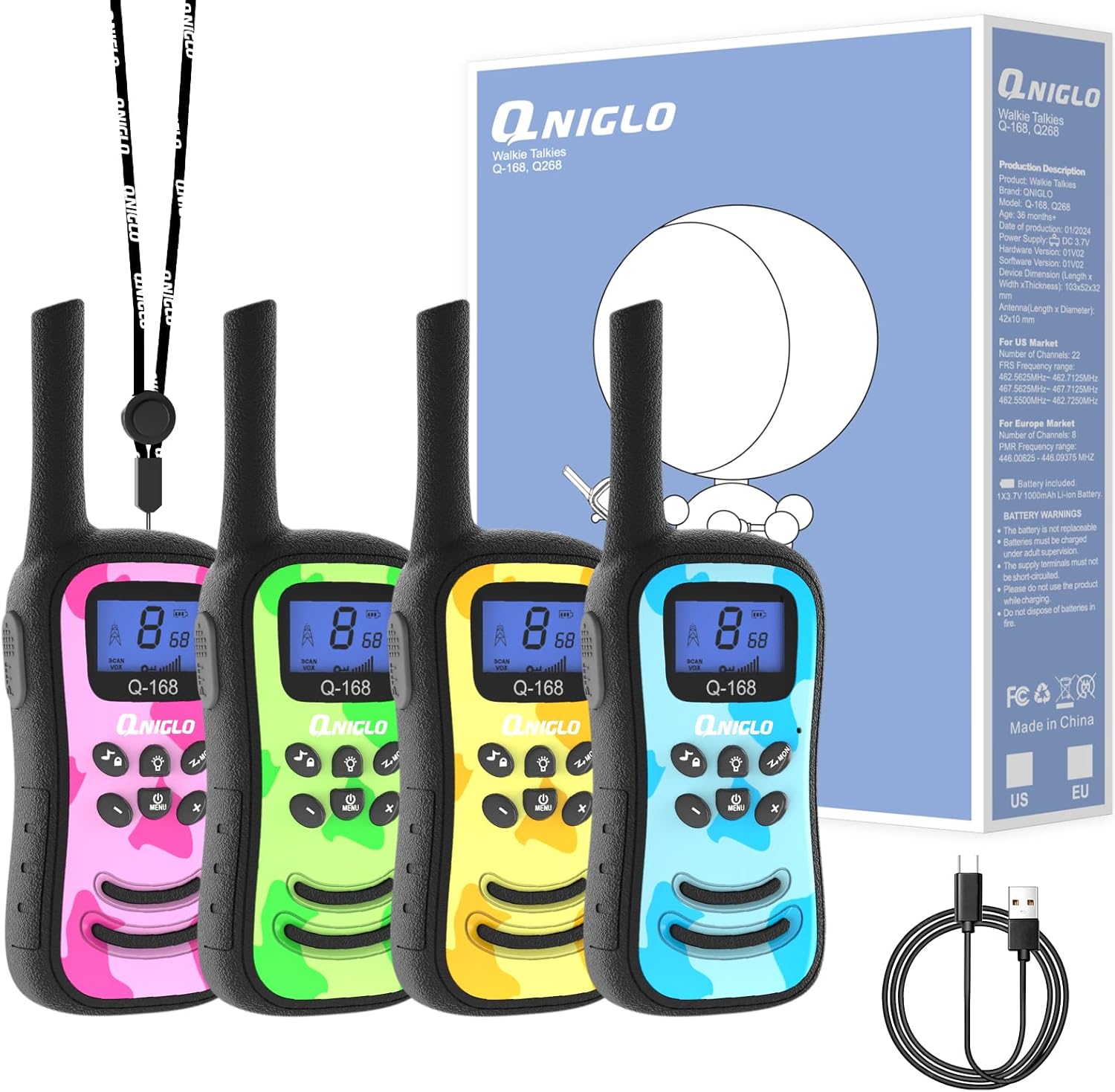 Qniglo Rechargeable Walkie Talkies for Kids with USB Charger, 22 Channels Walkie-Talkies with Lanyard, Camo Toys Gifts 4 Pack Walky Talky for Camping Hiking Family Games, for Age 3 4 5-12 Boys Girls