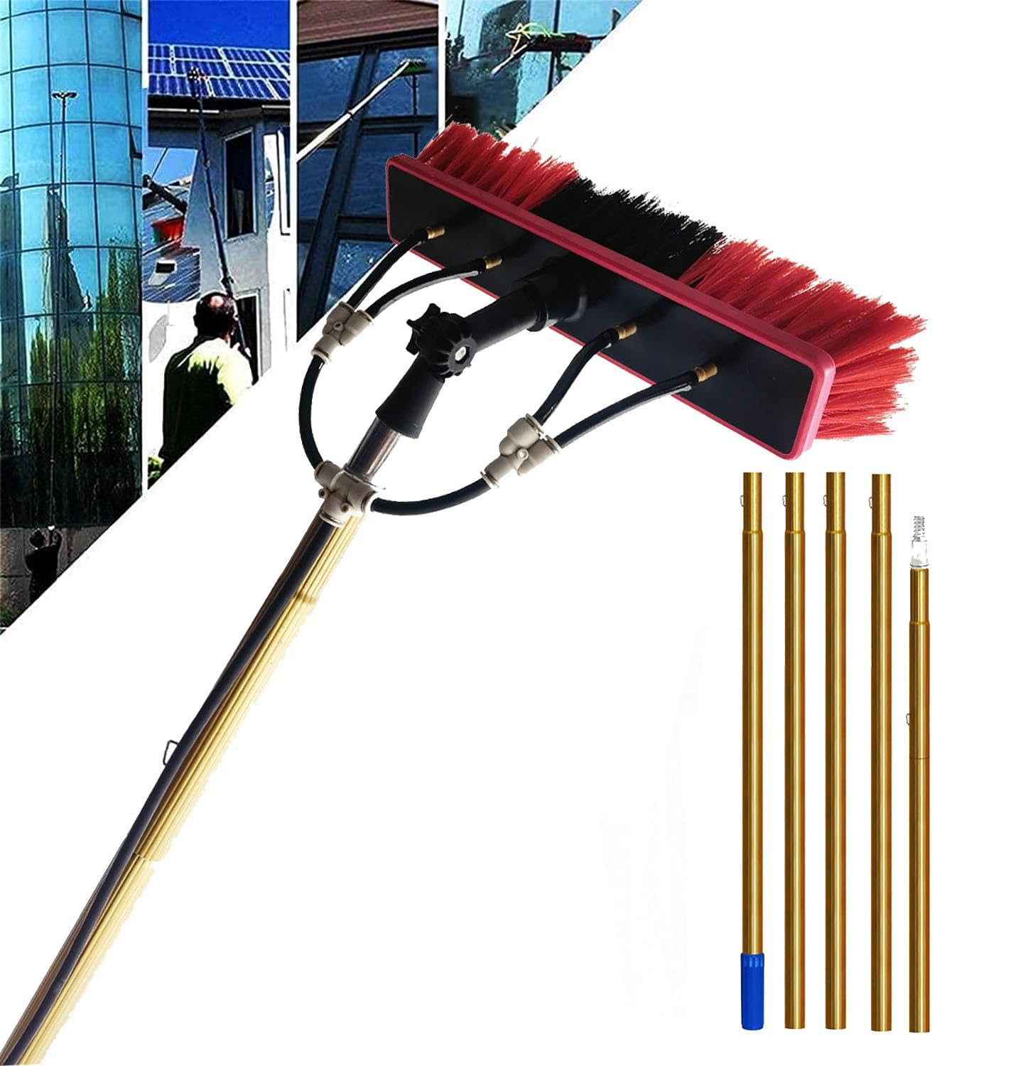 GTHTUHFD Telescopic Water Fed Pole Kit For Window & Solar Panel Cleaning - 180° Rotatable Brush Head 3.6M/12Ft Extendable Window Cleaner Brush,10m/35cm Brush Head-10M Pole