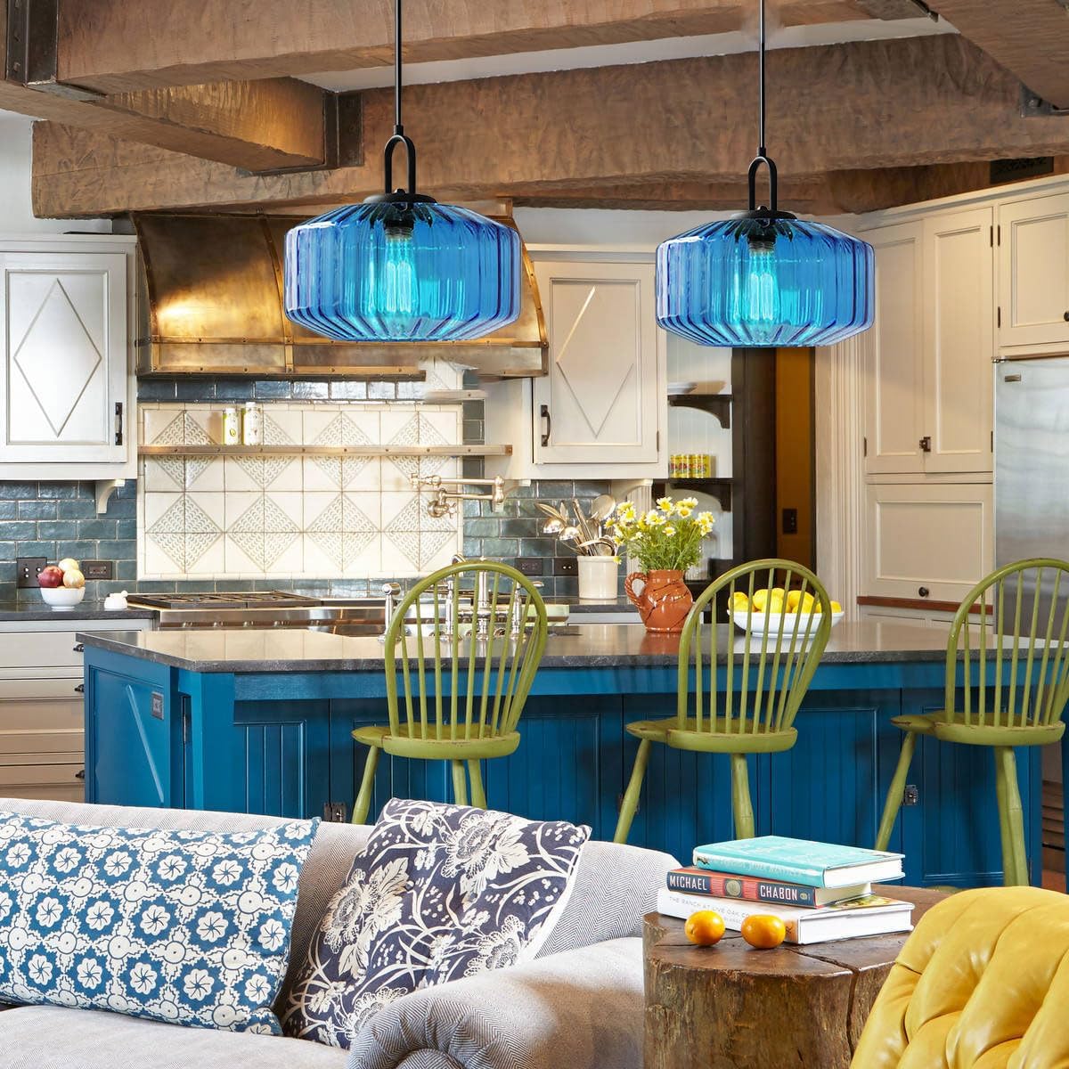 Large Modern Pendant Light Fixtures Dining Room Vintage Glass Ceiling Pendant Lighting Kitchen Sink Blue Hand Blown Glass Shade Black Finish Adjustable Cord Hanging Pendant Light