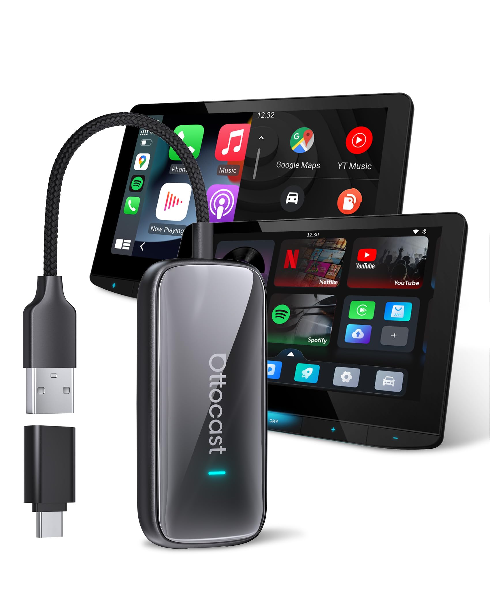 OTTOCAST Play2Video Ultra, Adaptador CarPlay Inalámbrico & Android Auto AI Box con Prime Video Youtube WiFi 6 5G Bluetooth 5.4 Adaptador CarPlay Youtube para la mayoría de Coches 2016+