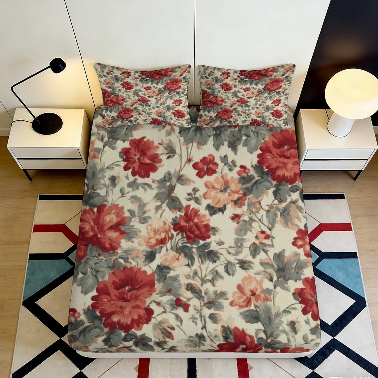 3D Printed Floral Garden Fitted Sheet Microfiber Soft Red Peony Mattress Cover for Bedroom Guest Room Decor 90x200x25cm