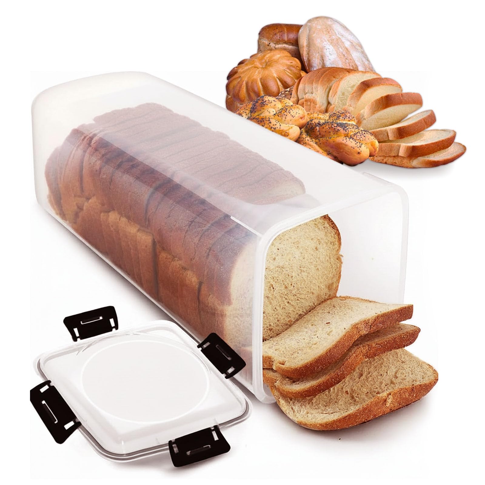 Photo 1 of DIYOHFE Clear Airtight Bread Storage Container with 4-Latch Lid, Tall Plastic Bread Box for Sandwich Loaves, Bagels & Baguettes, 5×5×13 in BPA-Free Bread Keeper for Counter, Pantry & Freezer