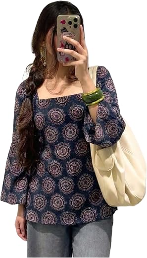 ANNI Designer Women’s Viscose Blend Printed Short Kurti | Straight Fit Casual Ethnic Top | Square Neck Full Sleeve Kurta O...
