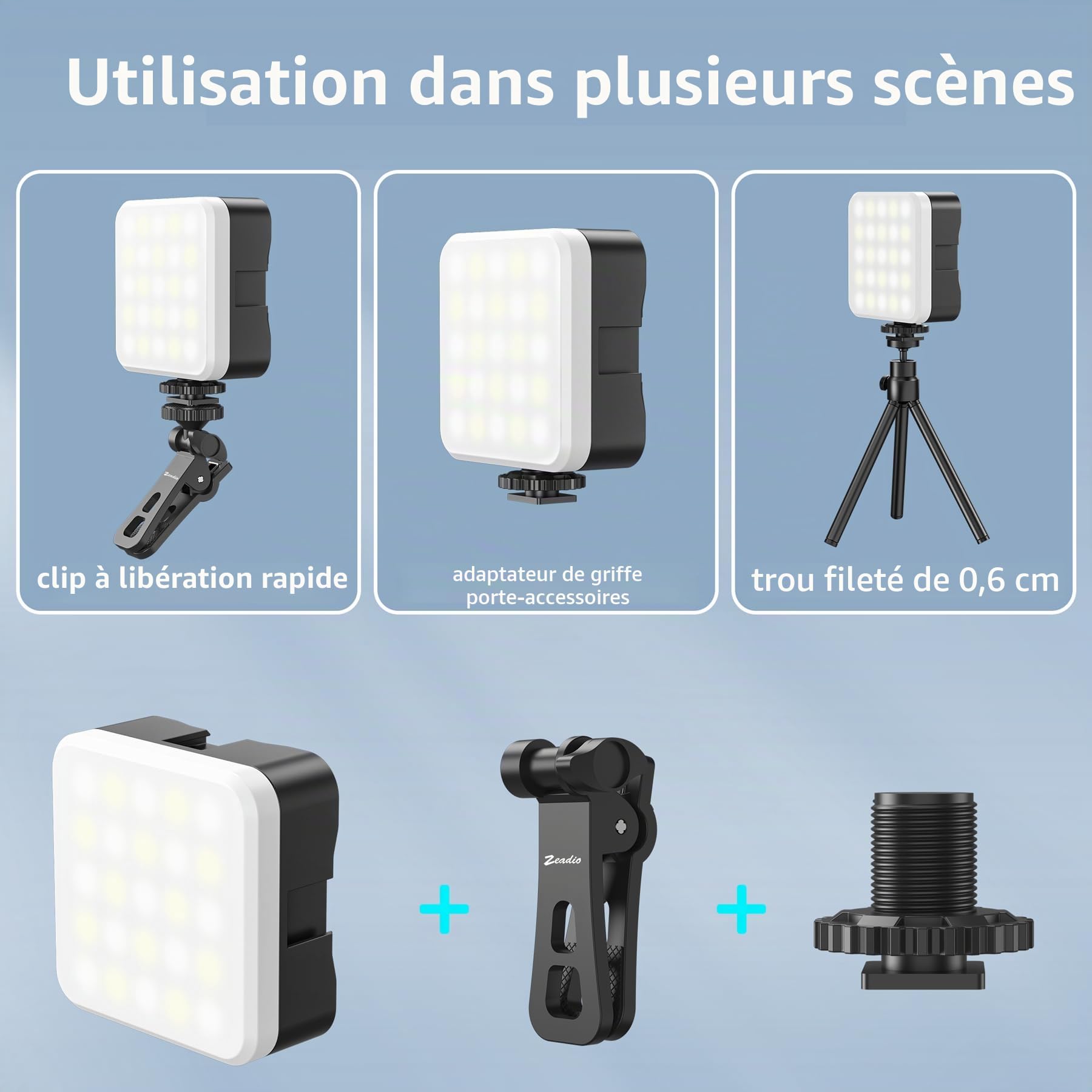 Zeadio Lampe vidéo Portable pour Selfie avec Clip, lumière LED Rechargeable IRC 95+/20 Modes scène/3000 K-7000 K avec 3 Supports Griffes, Lot de 1