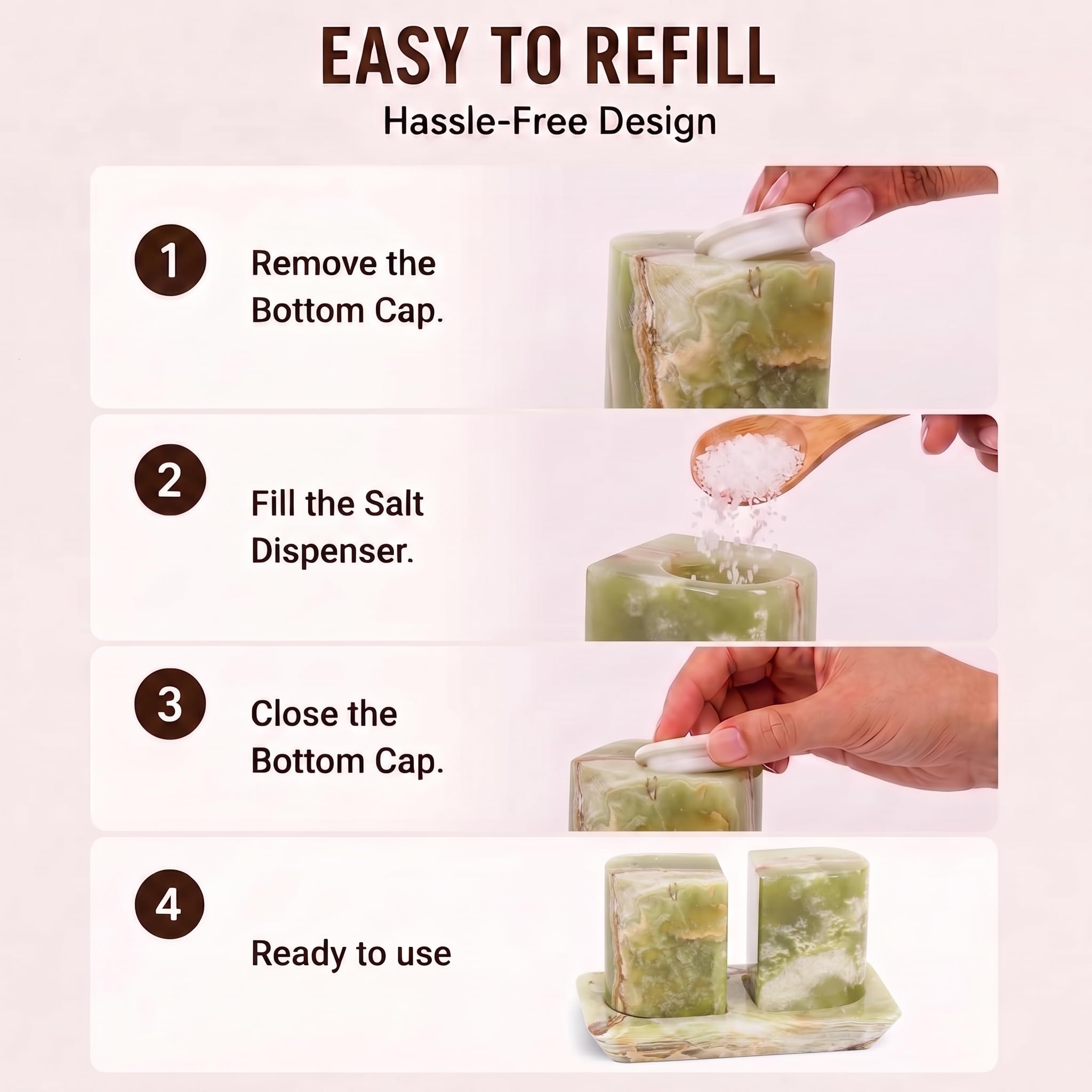 Radicaln Salero y pimentero de mármol de 2.5 pulgadas, esenciales de cocina modernos para cocinar y cenar, soporte de especias de piedra y saleros para pimienta negra, sal rosa