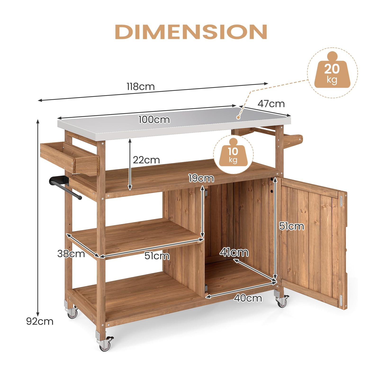 KOMFOTTEU Carro de Barbacoa de Madera Maciza, Carrito Auxiliar con Encimera de Acero Inoxidable, 4 Ruedas, 3 Estantes Abiertos, Armario con Puerta, Carro para BBQ con Especiero, 118 x 47 x 92 cm