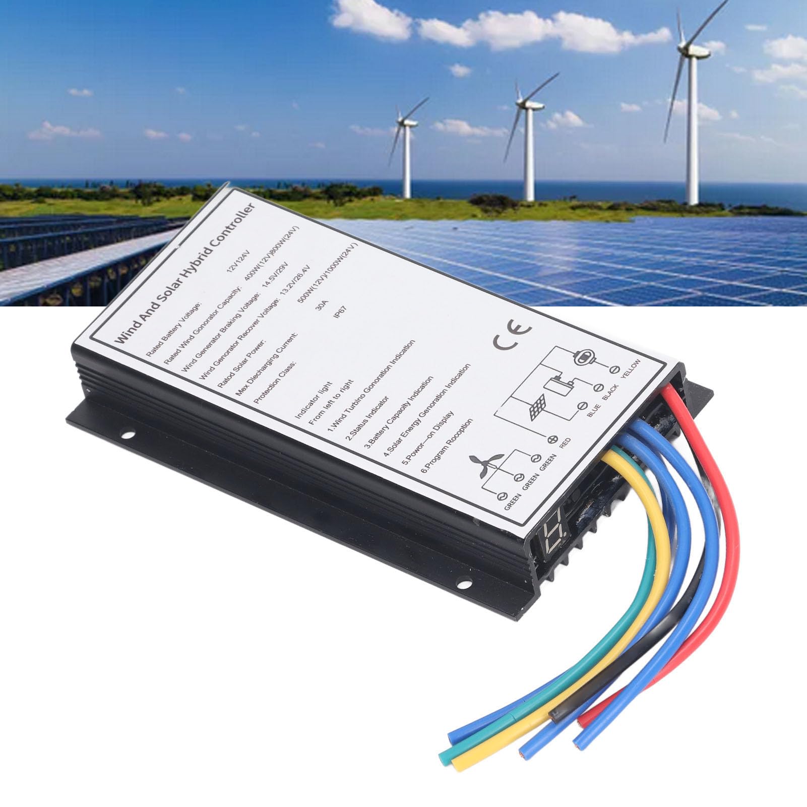 Regolatore ibrido solare eolico 30A, sistema di controllo della carica ibrido PWM per turbina eolica da 800 W e pannello solare da 1000 W con tracciamento MCT, alloggiamento in alluminio IP67, 12 V