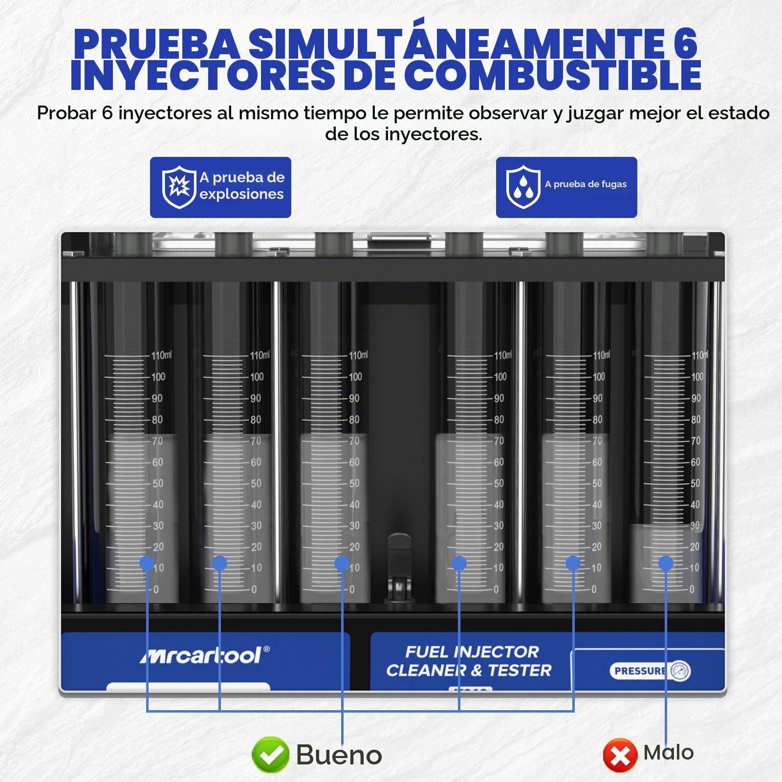 MR CARTOOL V310 Equipo Limpiador y Probador de Inyectores de Combustible, Kit de Limpieza Ultrasónica 110V/220V con 6 Cilindros para Inyectores Estándar GDI/EFI/FSI de Diésel y Gasolina