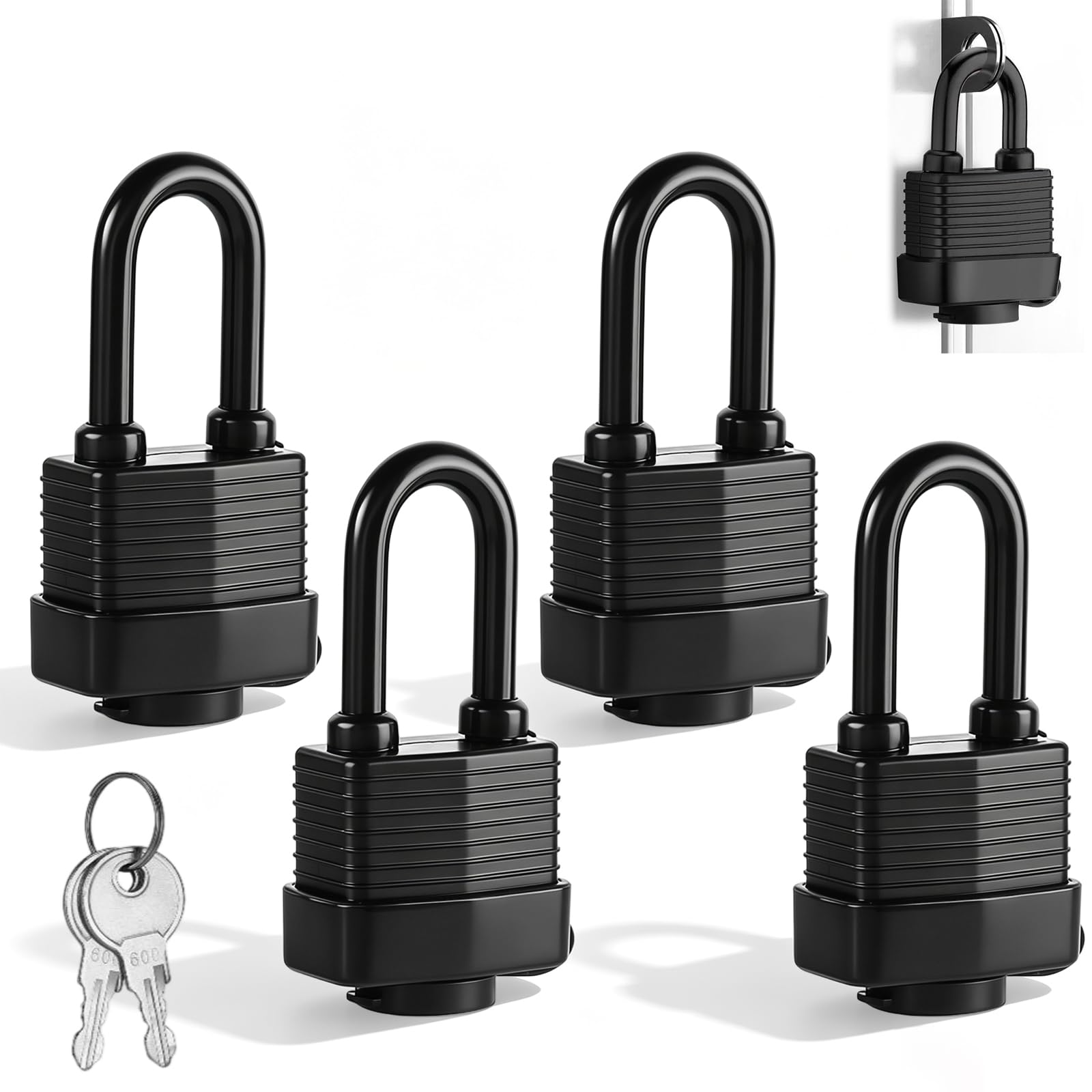 4 Pack Reinforced Padlocks with Keys Outdoor, 42mm Weatherproof Anticut