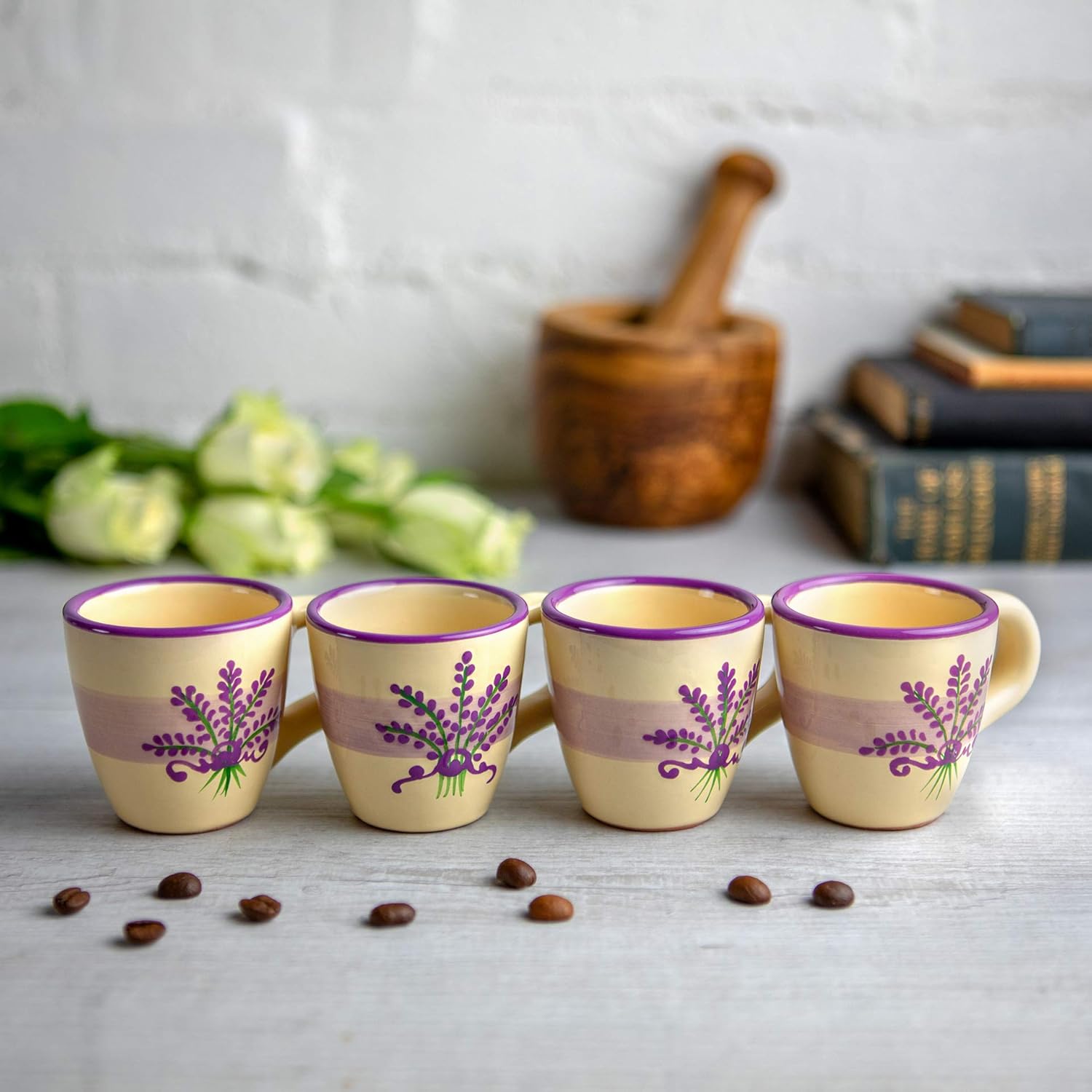Exclusive Handmade Lavender Floral Purple And Cream Ceramic 2oz/60ml | Espresso Cup Set of 4, Unique Designer Pottery for Coffee Lovers by City to Cottage®