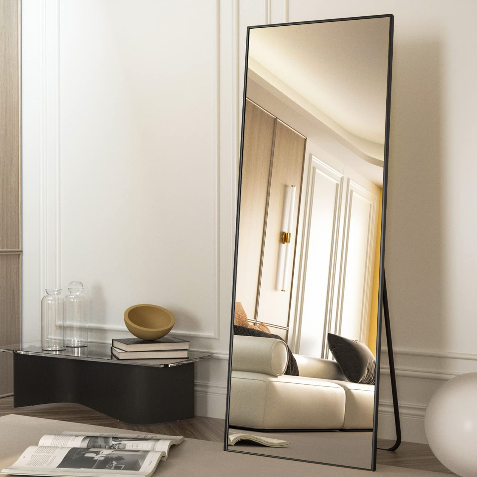 HARRITPURE 65"x22" Full Length Mirror Aluminum Frame Wall Mirror Floor Rectangle Mirrors Standing Wall & Leaning Large Dressing Mirror for Living Room Bedroom Cloakroom,Black