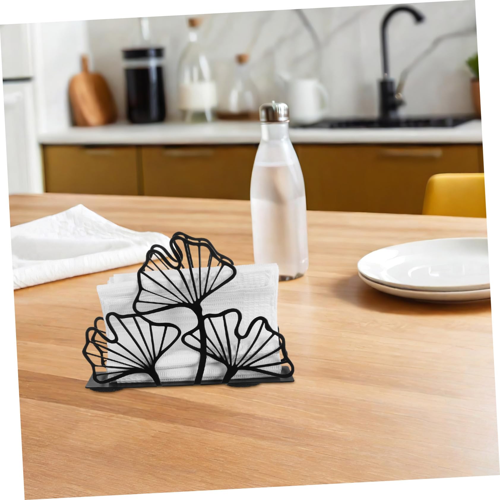 Alipis Moderner Serviettenhalter aus Schwarzem Eisen mit Filigranen Ginkgo blättern Freistehend Robust Beschichtet Stabiler Stand Dekorativer Serviettenspender für Tisch und Innenbereich