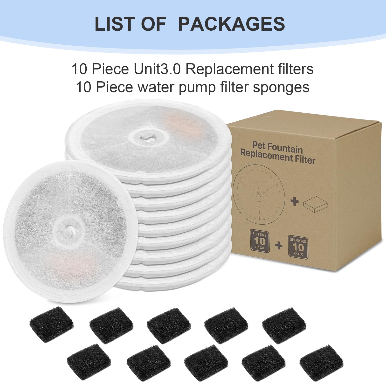 Paquete de 10 filtros de fuente de agua 3.0 para mascotas y gatos, aptos para E versweet Solo 2/Solo SE, E versweet 3 Pro/2S/3, 10 filtros de repuesto y 10 filtros de bomba de espuma reemplazados