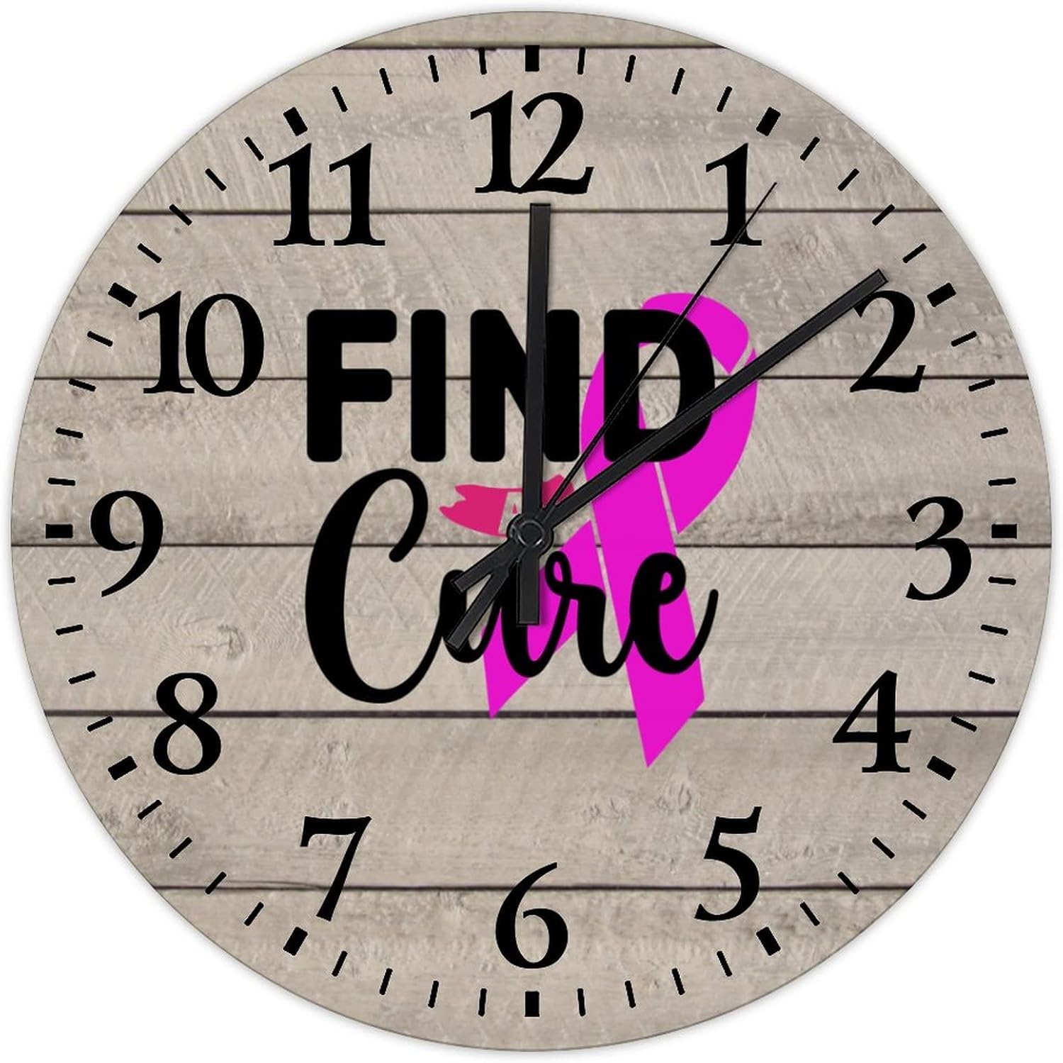 Breast Cancer Find A Cure Wood Clock 15 Inch, Pink Ribbon Breast Cancer Awareness Home Decor Wall Clocks Battery Operated Quartz Quiet Round Arabic Numeral Clock for Home Office School