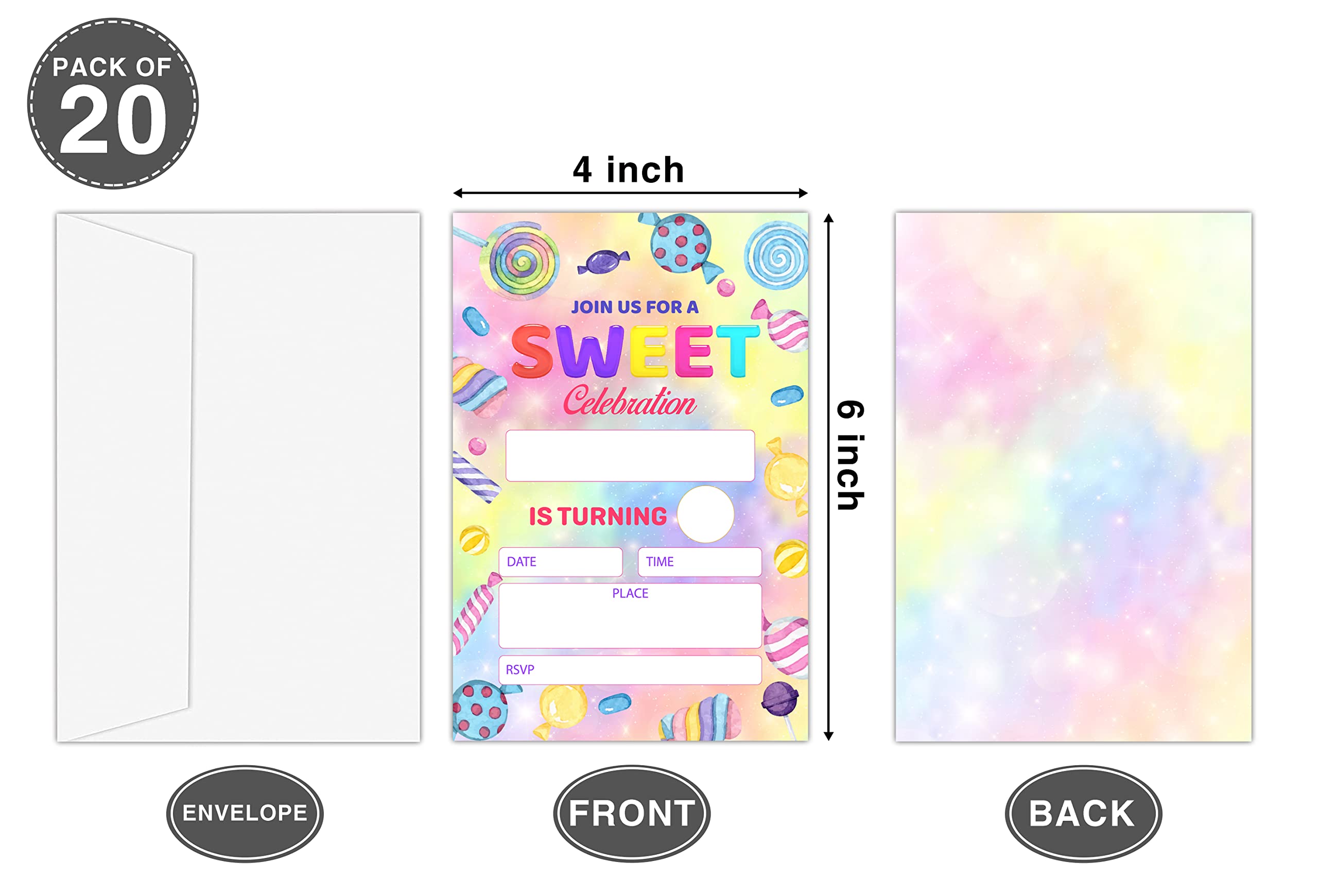 OICPYD Candy Birthday Invitations for Boys Girls Kids, Fill In Party Invites, Decorations, Favors, 20 Invitations with Envelopes (HA07)