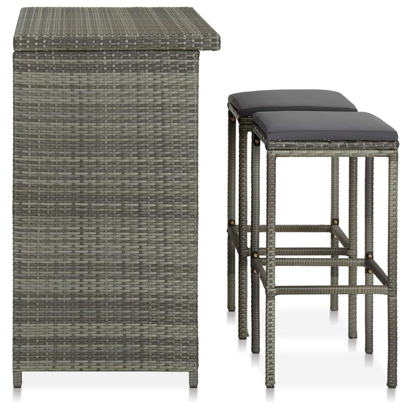 Set da Bar in Polyrattan Grigio, per Bistrot e Soggiorno Esterno, Tavolo 102x60x105 cm con 2 Sgabelli 38x38x76 cm, Struttura in Acciaio e Rattan PE, Cuscini in Poliestere Antracite, per Uso Domestico