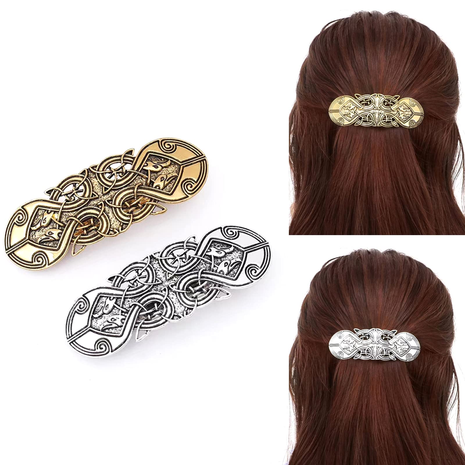 2pcs Viking Vintage Celtic Knot Hair Clip Large-Medium Metal Hollow Barrettes Hair Accessories Headwear Styling Gifts for Women Girls (Silver, Bronze)