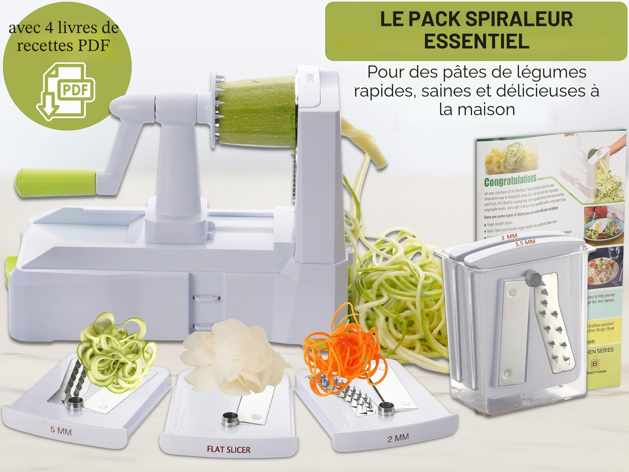 Râpe pour couper els légumes en spirale - 5 lames - Par Brieftons - BR-5B-02 Coupe-légume solide et robuste pour faire des spirales ou des spaghetti de légumes