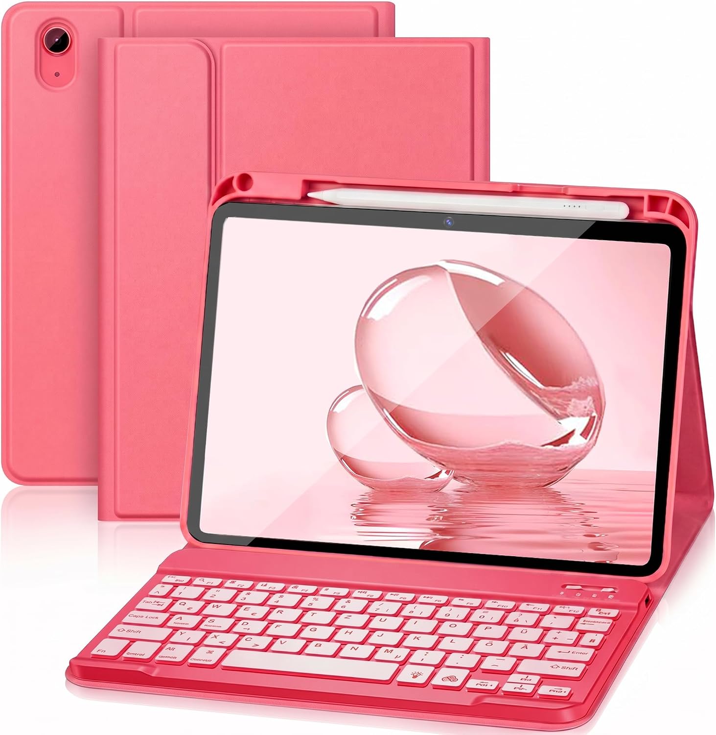 Hülle Tastatur für iPad (A16) 11./10. Generation (2025/2022), (11/10.9 Zoll) - QWERTZ, 7 Farben Beleuchtete, Magnetische Abnehmbar Bluetooth Tastatur, Soft TPU Rückseite Gehäuse mit Stifthalter (Pink)