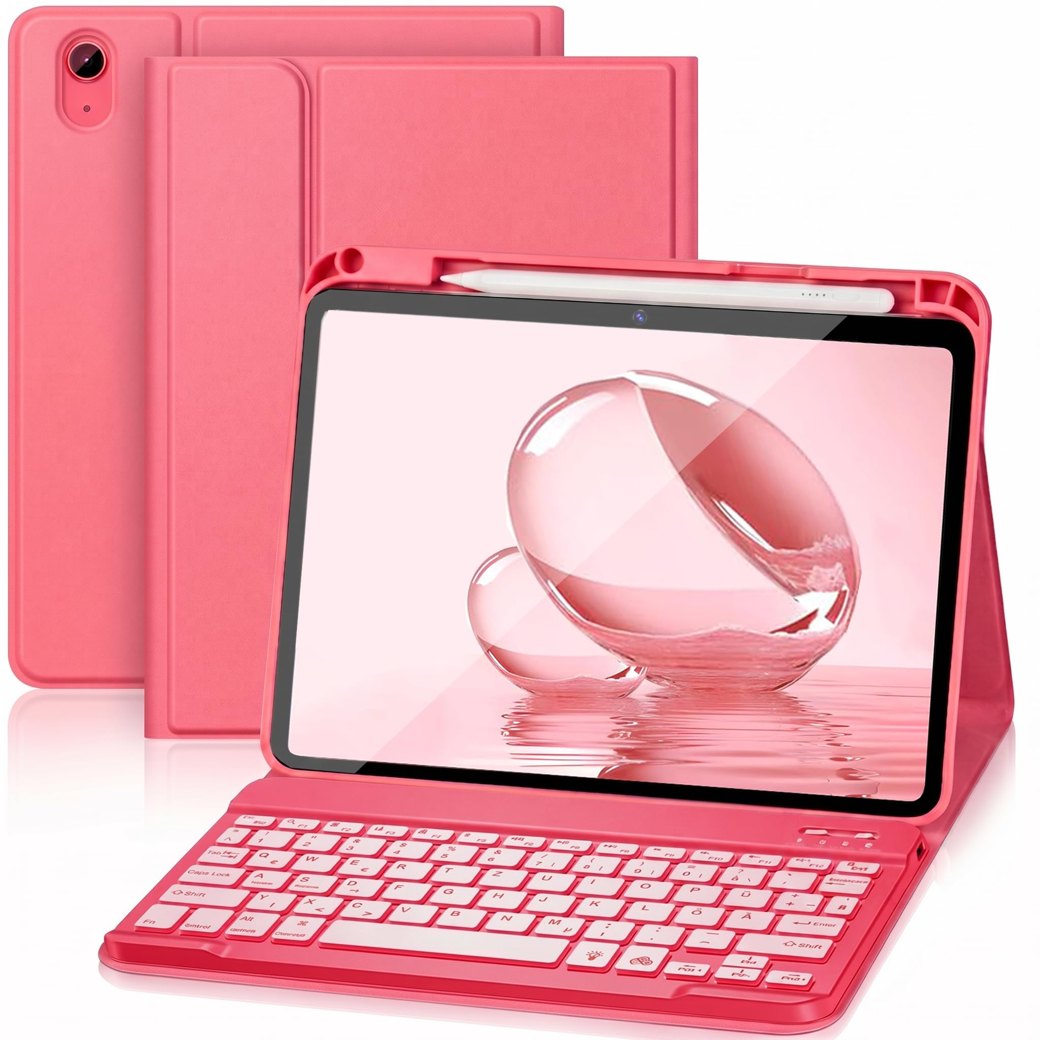 Hülle Tastatur für iPad (A16) 11./10. Generation (2025/2022), (11/10.9 Zoll) - QWERTZ, 7 Farben Beleuchtete, Magnetische Abnehmbar Bluetooth Tastatur, Soft TPU Rückseite Gehäuse mit Stifthalter (Pink)