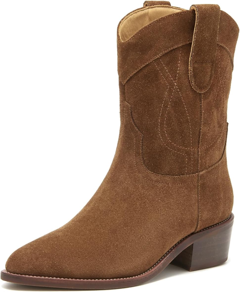 BEAU TODAY Women's Cowboy Western Boots, Suede Leather Cowgirl Boots for Women, Fashion Pointed Toe Chunky Block Heel Pull On Mid Calf Boots with Embroidery Stitched