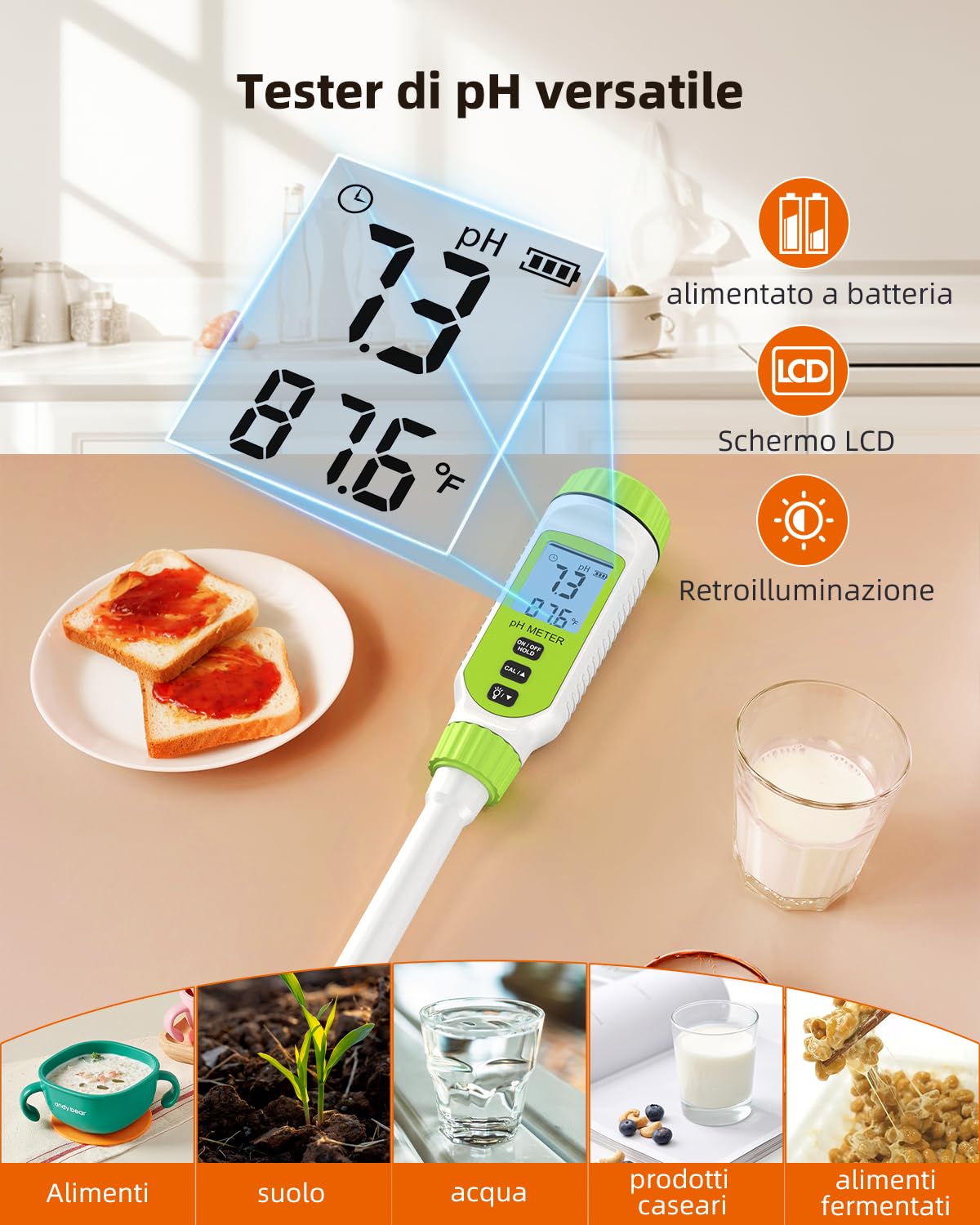 Misuratore digitale multifunzionale di pH per alimenti, kit di test di alta precisione per il terreno da giardino con display LCD ℃/℉ per piante/soluzione, acqua e alimenti (Verde)