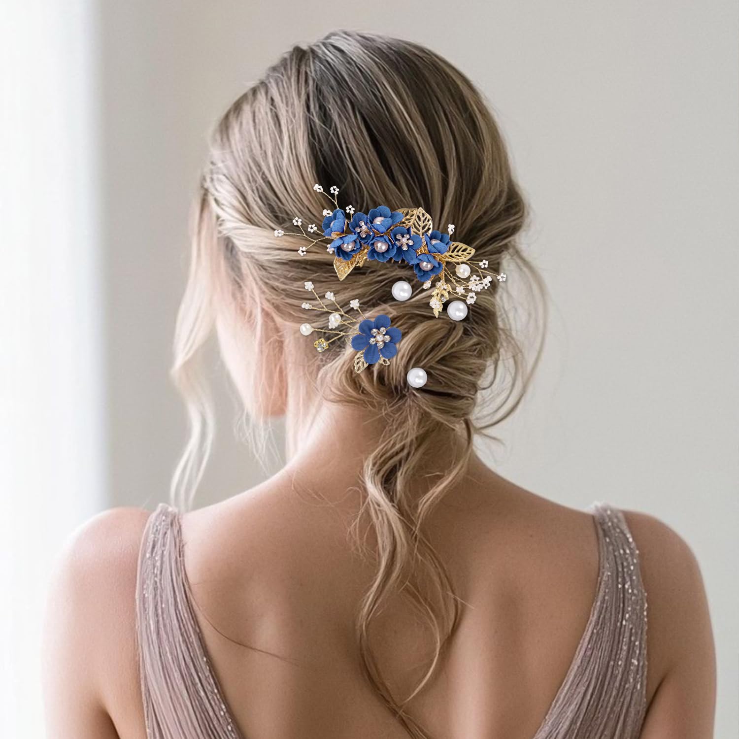 4Pcs Wedding Hair Accessories for Women Classy Bridal Hair Pins Flower Bridesmaid Hair Accessories 10Pcs Spiral Pearl Hair Pins for Brides Bridesmaids Women Girls (Royal Blue) - Image 3