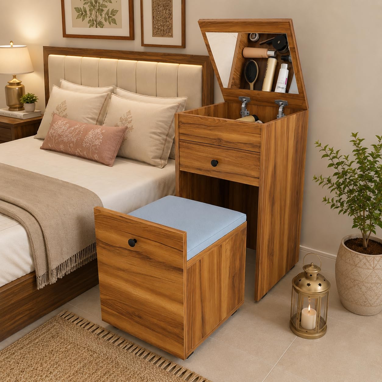 Studio Kook Beleza Dressing Table with Mirror & Seat, Amber Walnut | Engineered wood dresser with lift-up mirror, drawer and pull-out cushioned storage seat; compact closed size 45 x 45 x 80 cm.-image-19