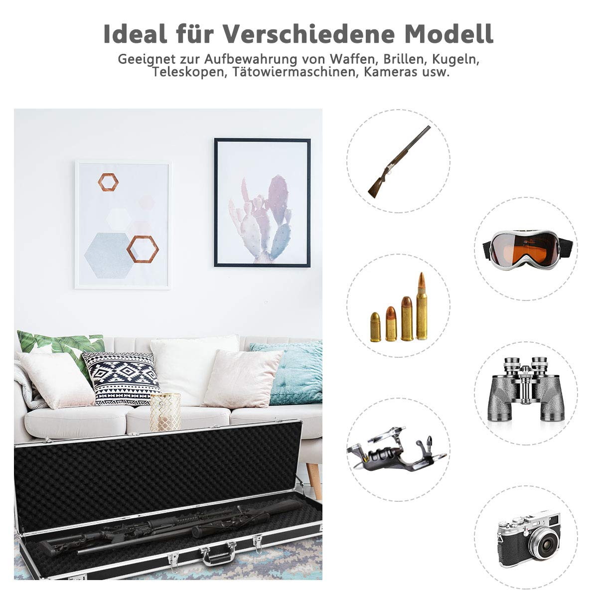 DREAMADE Waffenkoffer Gewehrkoffer für Langwaffen, Jagdkoffer Munitionskoffer verschließbar, Pistolenkoffer Langwaffe Koffer aus Aluminium, Flintenkoffer 134x35x12cm
