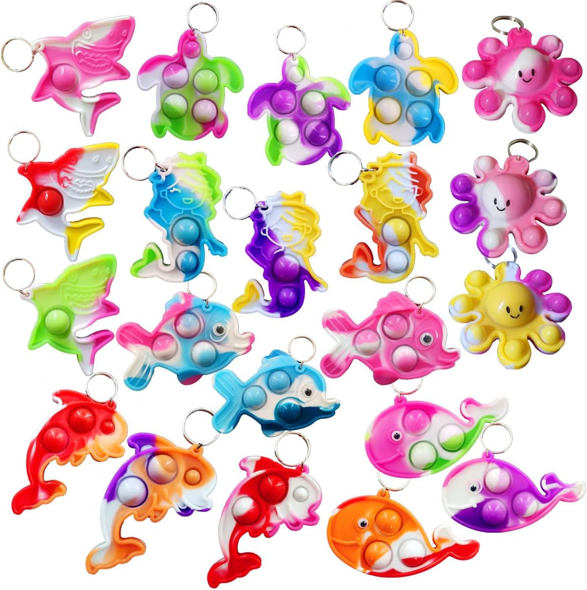 50 Packs Bulk Octopus fishs dolphins turtles sharks whales Sea Animal Mini pop Fidget bubble Keychain ，Boys Girls Kids Birthday Party Favors summer Students gifts