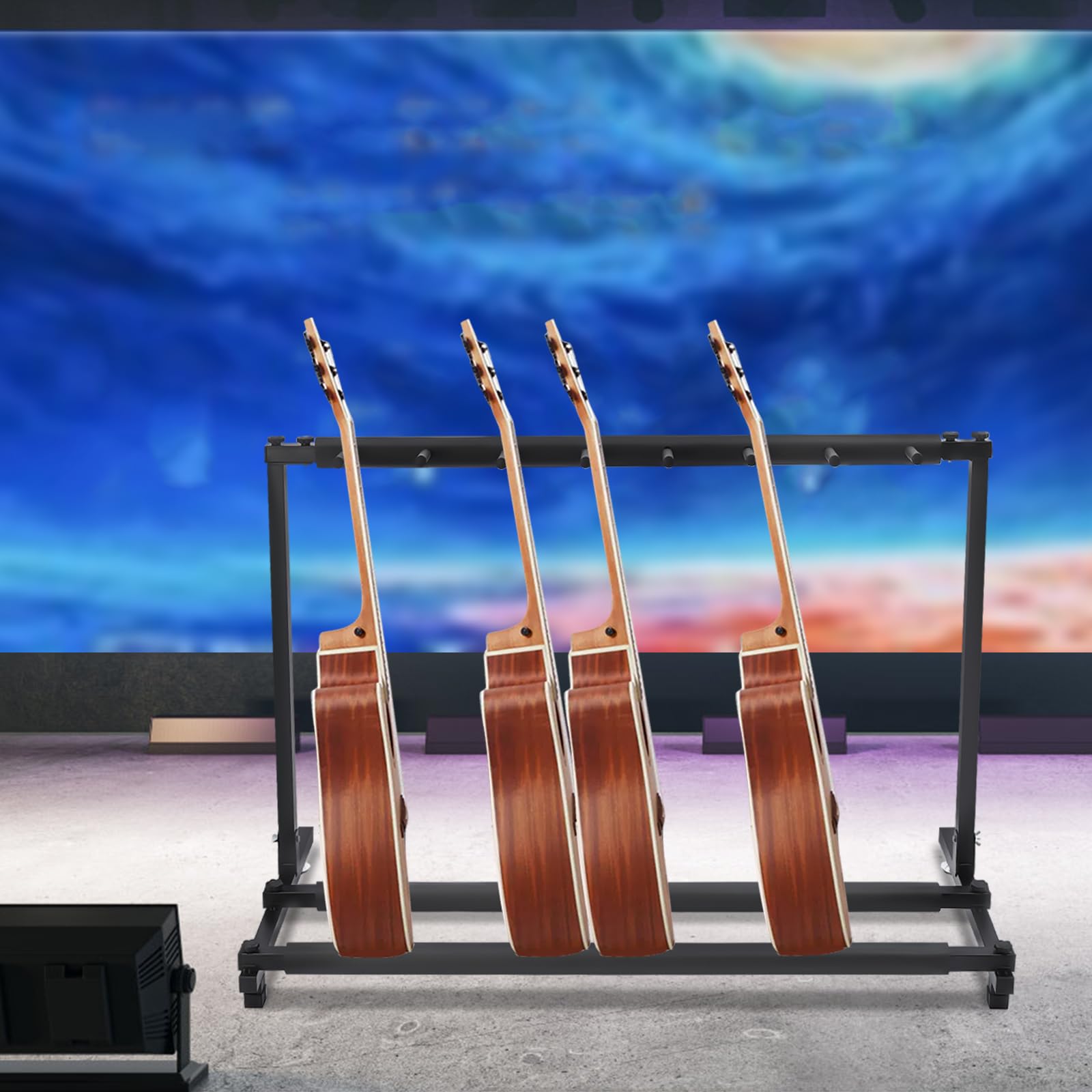 Cavalletto pieghevole portatile per chitarra, multifunzione, pieghevole, con ruote, per chitarra acustica, classica, basso acustico, chitarra elettrica, colore nero