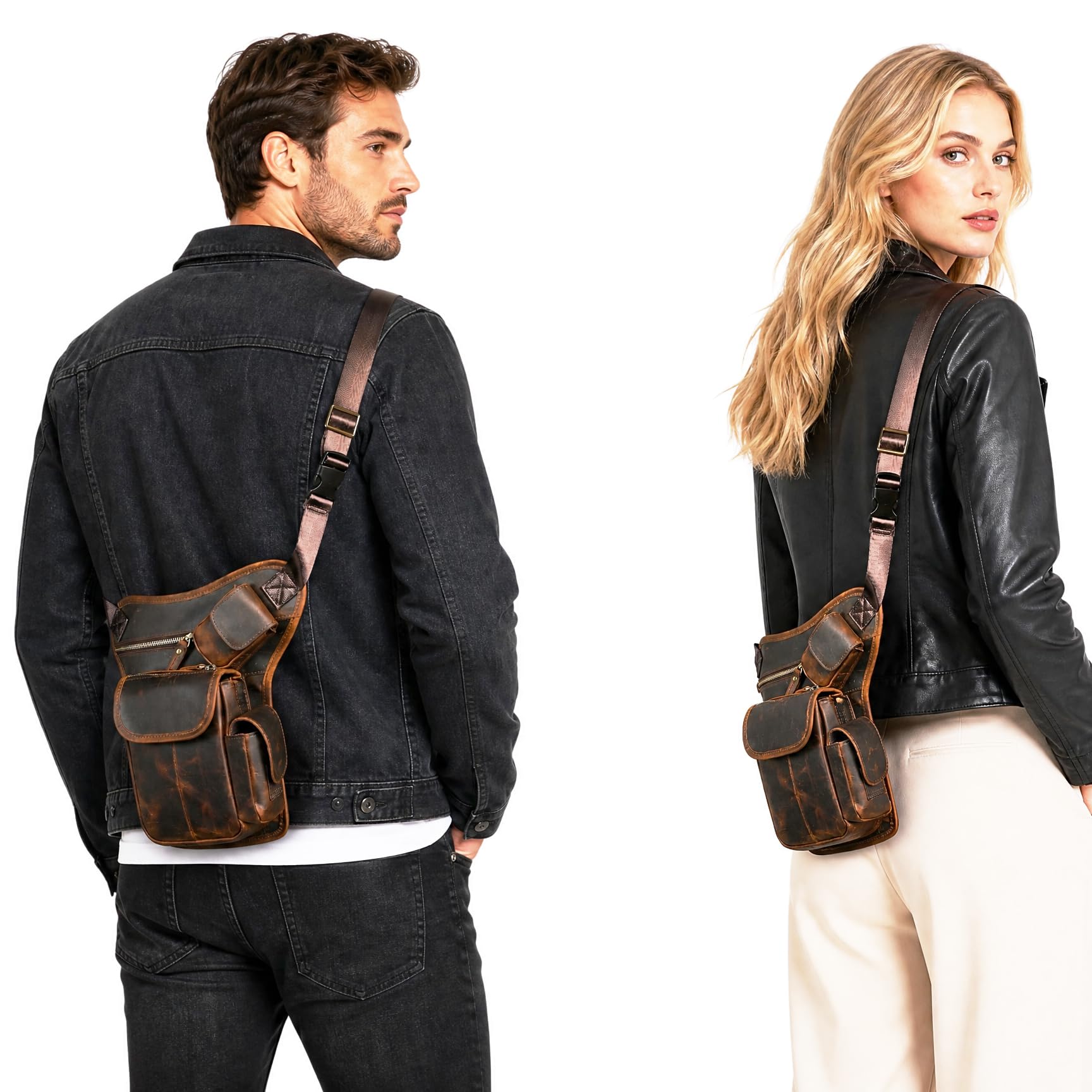 Toile Imperméable + Cuir Véritable Moto Fanny Sac de Taille Waist Bag Cuisses Sacs pour Les Jambes pour Hommes Femmes FB211-8 (100% Cuir véritable - x3106 Marron)