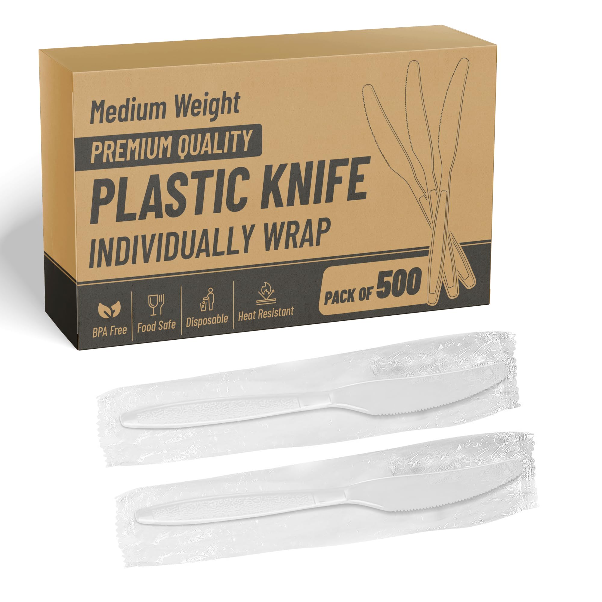 2000 Pcs- Medium Weight Individually Wrapped White Plastic Knives - Ideal for Party, BBQ, Picnic, Home, Office, Restaurant Use.… (Knife 500 PCS)