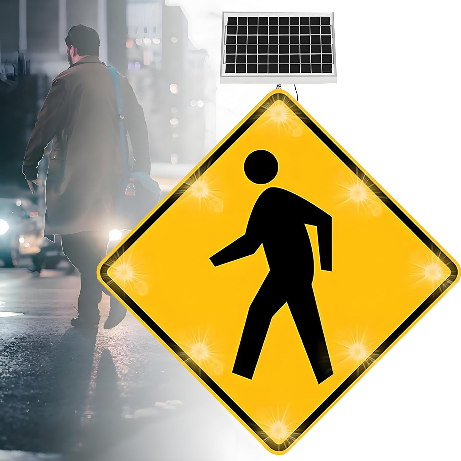Señal de cruce peatonal LED intermitente con energía solar, señal de advertencia de carretera de aluminio con marco inoxidable, 16 luces, para cruces peatonales