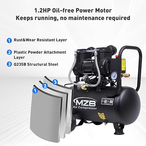Miniatura 3 de MZB - Compresor de aire ultra silencioso de 6.4 galones, tanques de acero de 110 V/60 Hz, sin aceite, 70 dB, nivel de ruido, compresor de aire