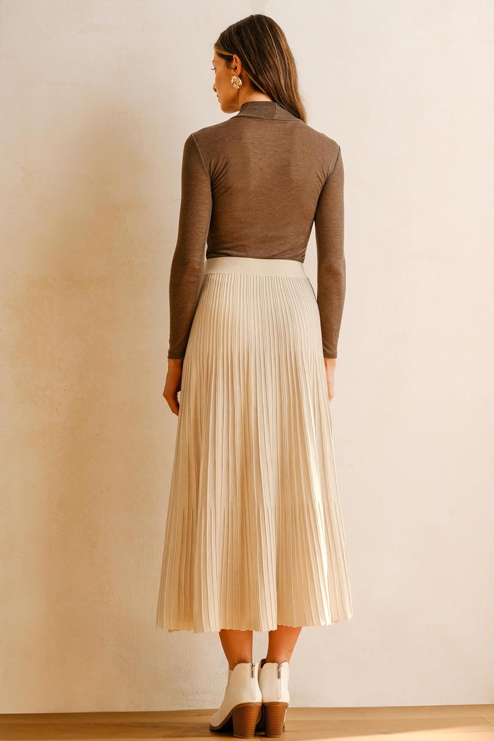 Arach&Cloz Women's Wool Blend Wide Elastic Band A-Line Pleated Flowy Long Skirts 2025 - Image 4