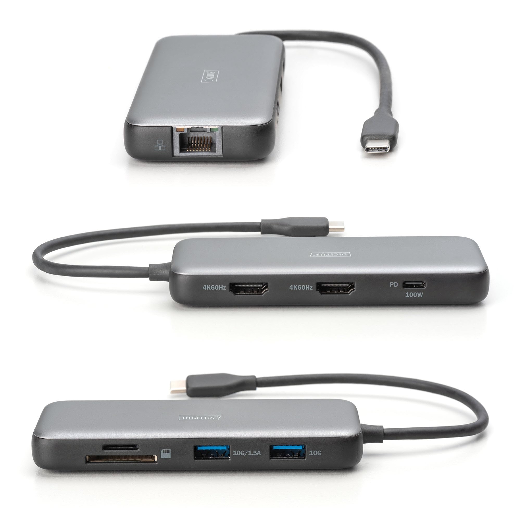 DIGITUS USB-C Docking Station – 8-Ports – 2X HDMI UltraHD 4k 60Hz | 2x USB-A 3.2 Gen2 – 1x USB-C 100W PD 3.0 – 1x RJ45 – Dual Kartenleser – Grau