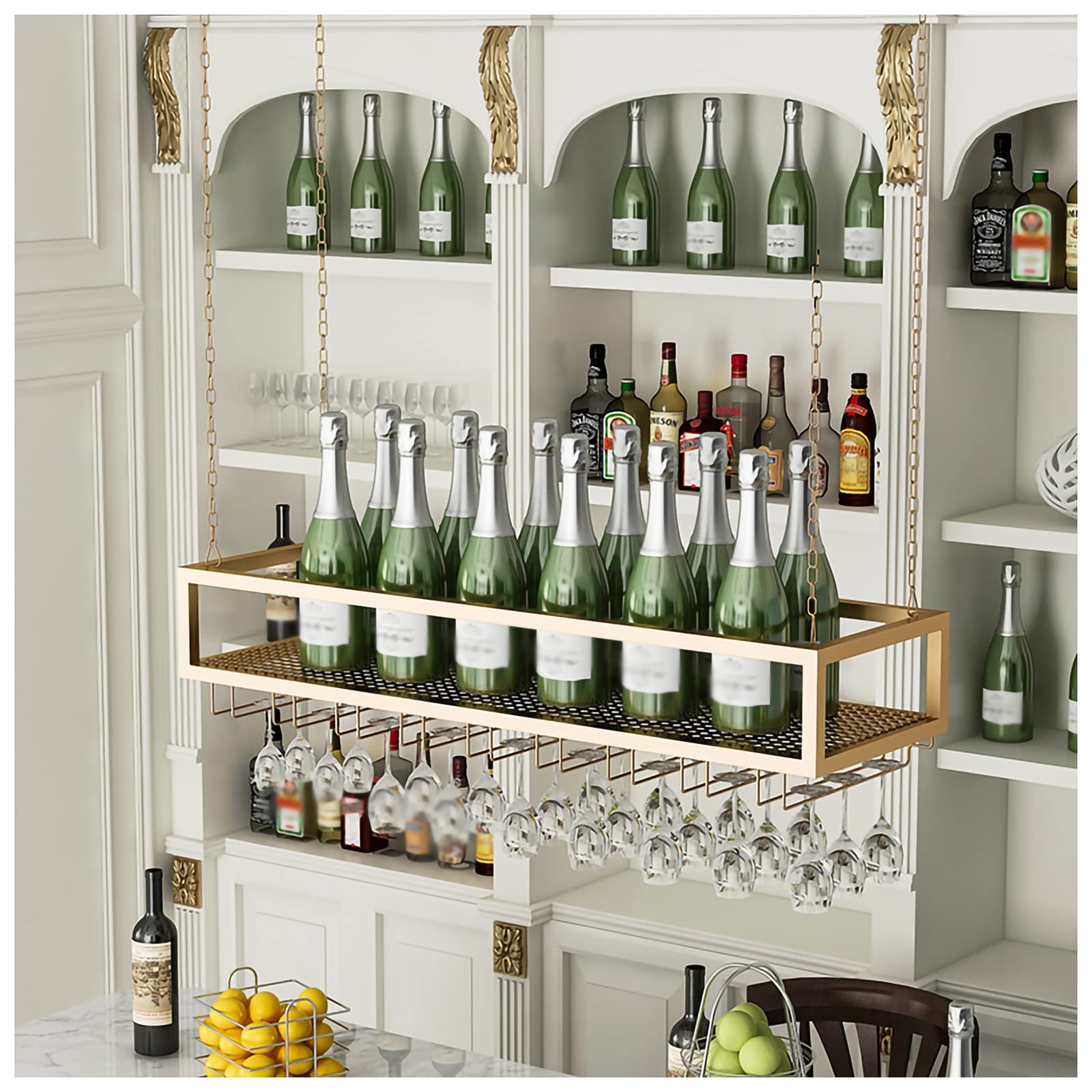 QRBNFRDE Ceiling Wine Glass Rack, Hanging Wine Rack with Glass Holder and Shelf, 39.4 inch Height Adjustable Industrial Hanging Wine Bottle Holder, Metal Ceiling Shelf for Bar CAF,Gold-80x25x20cm