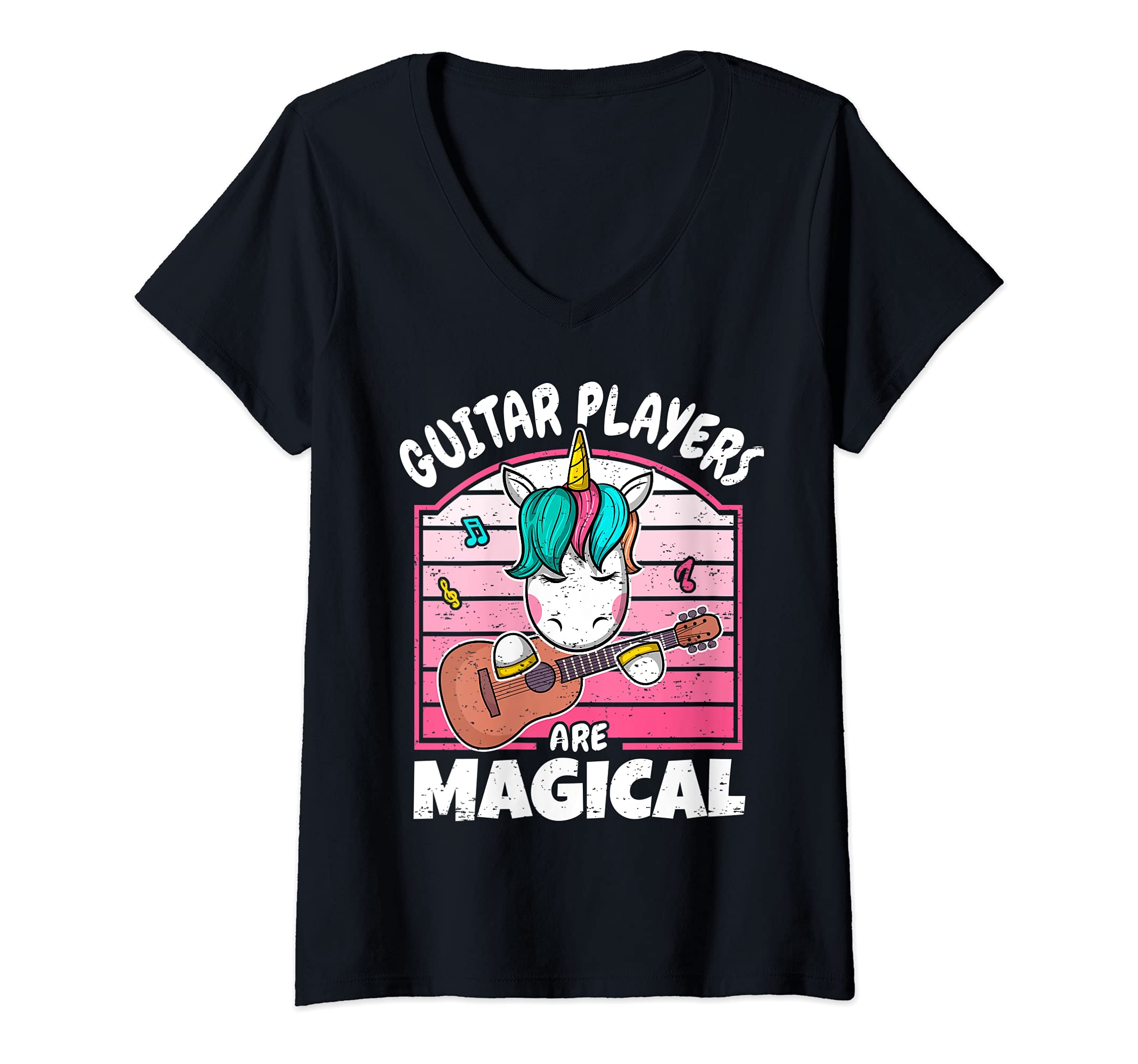 Womens Cute Magical Unicorn Guitar Player Guitarist V-Neck T-Shirt, Black