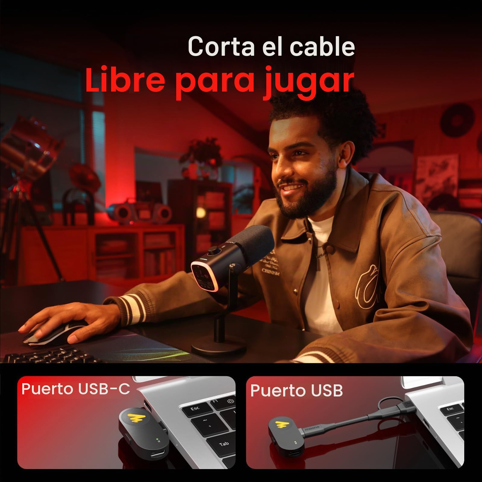 MAONO PD100W Micrófono dinámico USB inalámbrico, micrófono para PC para juegos con reducción de ruido con un solo clic, botón de silencio, RGB personalizado, conector de auriculares de 3.5 mm