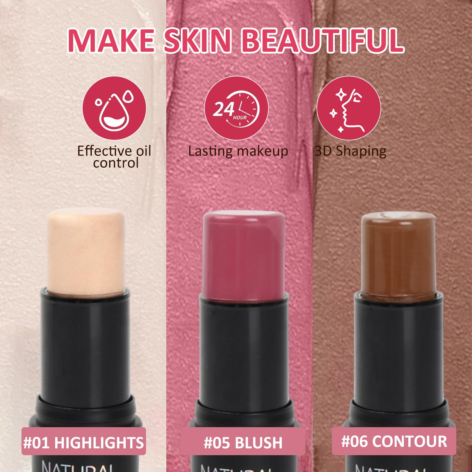 3 Pezzi Contouring Viso Stick, Leggero Contour Highlighter Blush Trucco Versatile Set, Lunga Durata Liscio Crema Stick per Contorno Fard Illuminante, Modella Facilmente il Viso per Guance Occhi