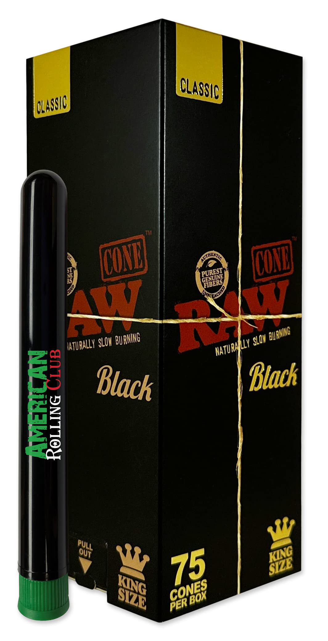 RAW Black Classic King Size PreRolled Cones Mini Tower | 75ct Box | Includes 75 Pre Rolled Cigarette Papers with Tips and ARC Saver