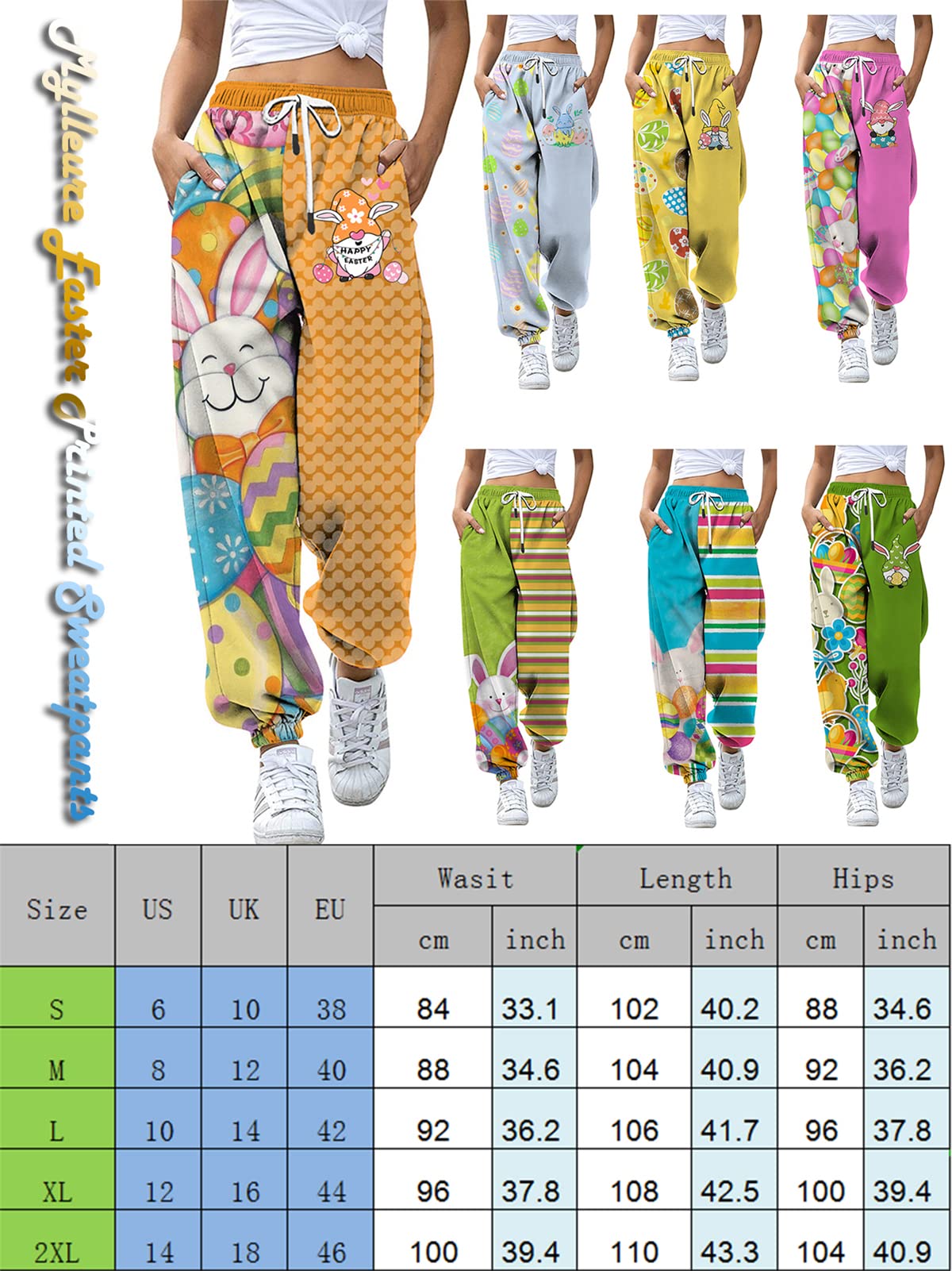 Mylleure Women Easter Baggy Sweatpants Pockets High Waist Print Patchwork Sport Athletic Jogger Pants Festival Lounge Trousers